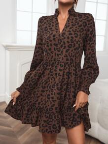 SHEIN LUNE 豹紋印花燈籠袖荷葉邊娃娃裙 - 棕色 - 查看 4
