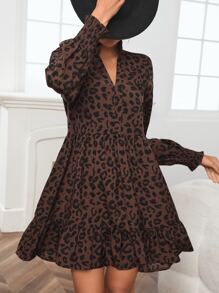 SHEIN LUNE 豹紋印花燈籠袖荷葉邊娃娃裙 - 棕色 - 查看 6