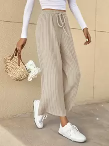 SHEIN LUNE Drawstring Waist Cropped Wide Leg Trousers - Apricot - View 1