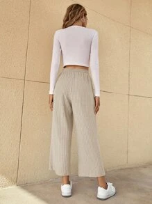 SHEIN LUNE Drawstring Waist Cropped Wide Leg Trousers - Apricot - View 2