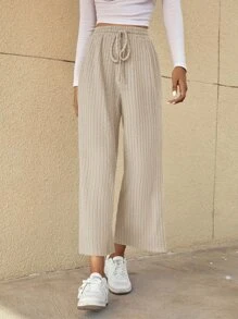 SHEIN LUNE Drawstring Waist Cropped Wide Leg Trousers - Apricot - View 3