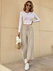 SHEIN LUNE Drawstring Waist Cropped Wide Leg Trousers - Apricot - View 4