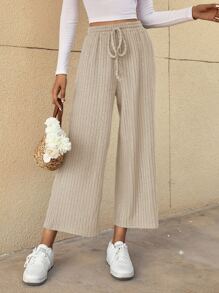 SHEIN LUNE Drawstring Waist Cropped Wide Leg Trousers - Apricot - View 5