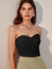 SHEIN Privé 前扭結褶邊抹胸上衣 - 黑色 - 查看 3