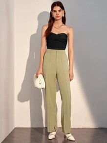 SHEIN Privé 前扭結褶邊抹胸上衣 - 黑色 - 查看 5