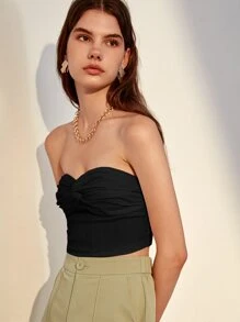 SHEIN Privé 前扭結褶邊抹胸上衣 - 黑色 - 查看 6