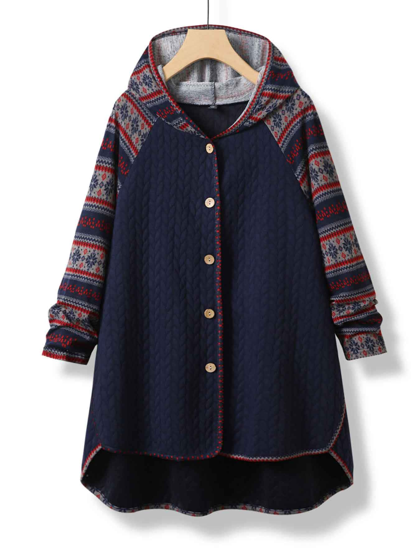 Mulvari Abrigo con capucha en contraste geométrico de manga raglán bajo irregular - Azul Marino - Ver 1