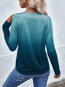 EMERY ROSE Áo thun nữ Nút phía trước Ombre Giải trí - Màu xanh ngọc - Xem 2