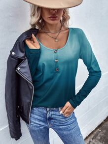 EMERY ROSE Áo thun nữ Nút phía trước Ombre Giải trí - Màu xanh ngọc - Xem 5