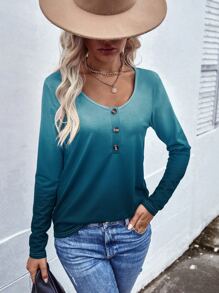 EMERY ROSE Áo thun nữ Nút phía trước Ombre Giải trí - Màu xanh ngọc - Xem 6