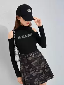 SHEIN Leap Crew Chicas adolescentes Camiseta con diamante de imitación con estampado de letra de hombros descubiertos - Negro - Ver 1