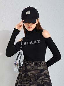 SHEIN Leap Crew Chicas adolescentes Camiseta con diamante de imitación con estampado de letra de hombros descubiertos - Negro - Ver 3