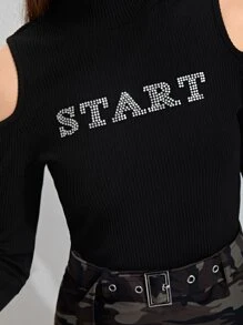 SHEIN Leap Crew Chicas adolescentes Camiseta con diamante de imitación con estampado de letra de hombros descubiertos - Negro - Ver 4