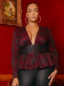 SHEIN SXY 大碼深V領印花花邊下擺上衣 - 彩色 - 查看 4