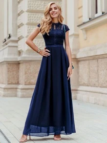 MIUSOL Elegant Floral Lace Mock Neck Cap Sleeve Chiffon Pleated Hem Evening Party Maxi Dress - Navy Blue - View 2
