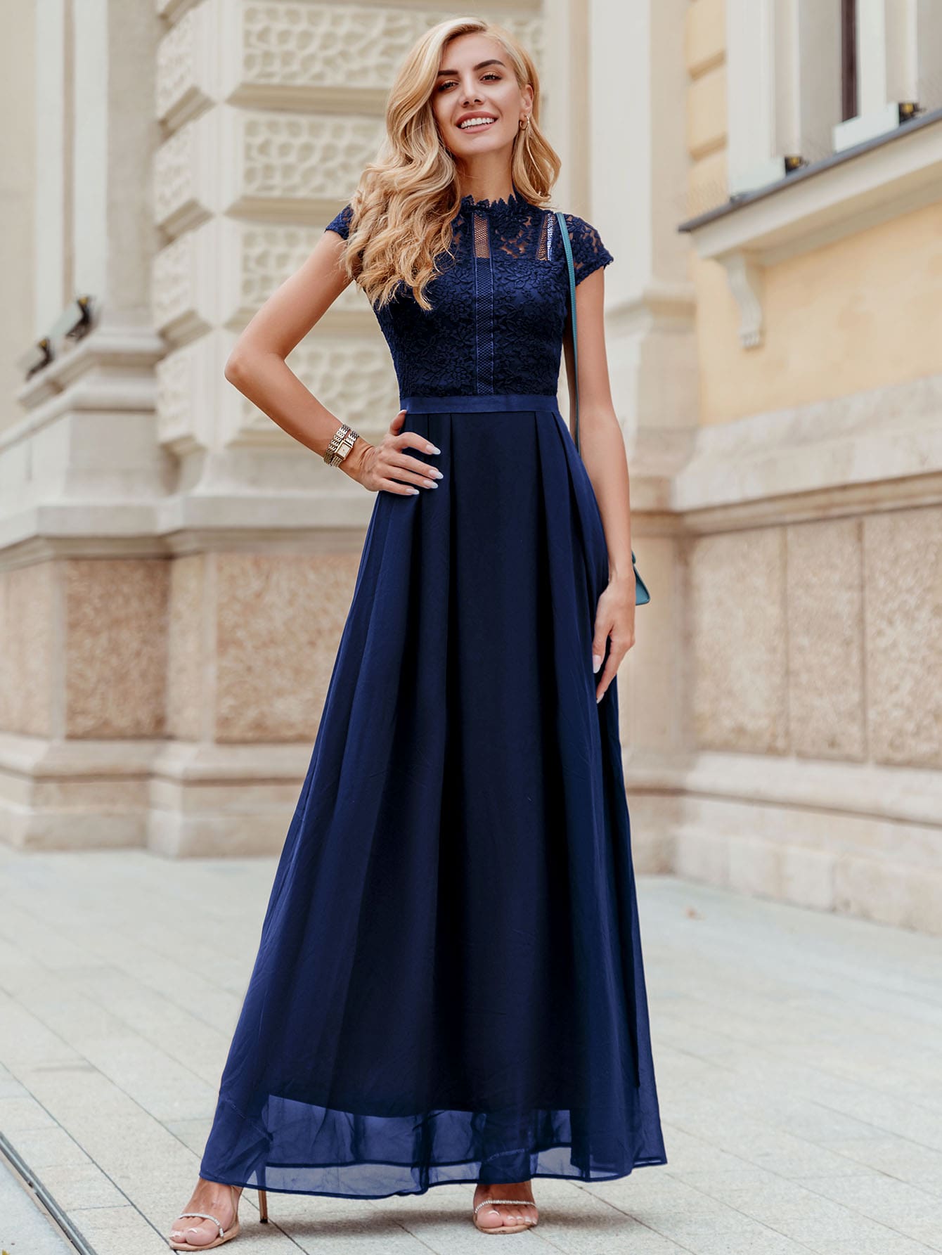 MIUSOL Elegant Floral Lace Mock Neck Cap Sleeve Chiffon Pleated Hem Evening Party Maxi Dress