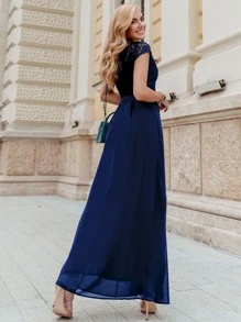 MIUSOL Elegant Floral Lace Mock Neck Cap Sleeve Chiffon Pleated Hem Evening Party Maxi Dress - Navy Blue - View 3