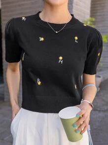 DAZY Puff Sleeve Letter Embroidery Knit Top - Black - View 1