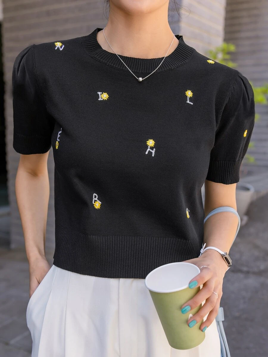 DAZY Puff Sleeve Letter Embroidery Knit Top - Black - View 1