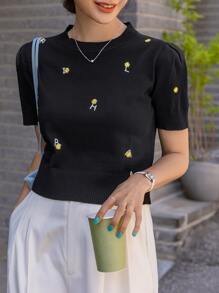 DAZY Puff Sleeve Letter Embroidery Knit Top - Black - View 3