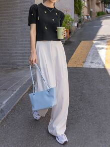 DAZY Puff Sleeve Letter Embroidery Knit Top - Black - View 6