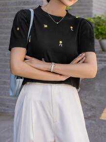 DAZY Puff Sleeve Letter Embroidery Knit Top - Black - View 7