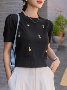 DAZY Puff Sleeve Letter Embroidery Knit Top - Black - View 8