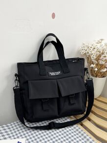 Letter Patch Double Pocket Front Tote Bag, Stylish neutral street style sports style college style black multi-pockets, large capacity, side pockets, can hold mobile phones, iPads, computers and books Suitable for travel, travel, outings, outdoors, back to school, library students, young people, girls, outdoor experts Perfect for School Outdoors, Hiking, Travel, Climbing, Stadium, Sports, Outings, teens girls Durable Stylish Practical Back to School Travel Bag Luggage Bag Overnight Bag Carry On Bag Hand Bag Gym Bag Handbag Handbags Weekend Bag Hand Bags for Holiday - Black - View 2