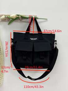 Letter Patch Double Pocket Front Tote Bag, Stylish neutral street style sports style college style black multi-pockets, large capacity, side pockets, can hold mobile phones, iPads, computers and books Suitable for travel, travel, outings, outdoors, back to school, library students, young people, girls, outdoor experts Perfect for School Outdoors, Hiking, Travel, Climbing, Stadium, Sports, Outings, teens girls Durable Stylish Practical Back to School Travel Bag Luggage Bag Overnight Bag Carry On Bag Hand Bag Gym Bag Handbag Handbags Weekend Bag Hand Bags for Holiday - Black - View 4