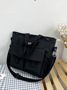 Letter Patch Double Pocket Front Tote Bag, Stylish neutral street style sports style college style black multi-pockets, large capacity, side pockets, can hold mobile phones, iPads, computers and books Suitable for travel, travel, outings, outdoors, back to school, library students, young people, girls, outdoor experts Perfect for School Outdoors, Hiking, Travel, Climbing, Stadium, Sports, Outings, teens girls Durable Stylish Practical Back to School Travel Bag Luggage Bag Overnight Bag Carry On Bag Hand Bag Gym Bag Handbag Handbags Weekend Bag Hand Bags for Holiday - Black - View 7