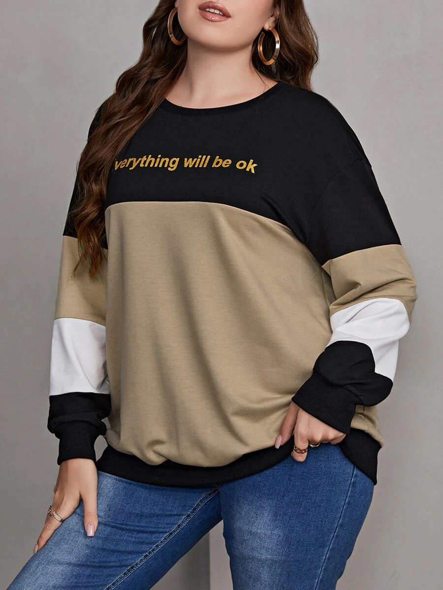 Mulvari Plus Slogan Graphic Colorblock Drop Shoulder Pullover