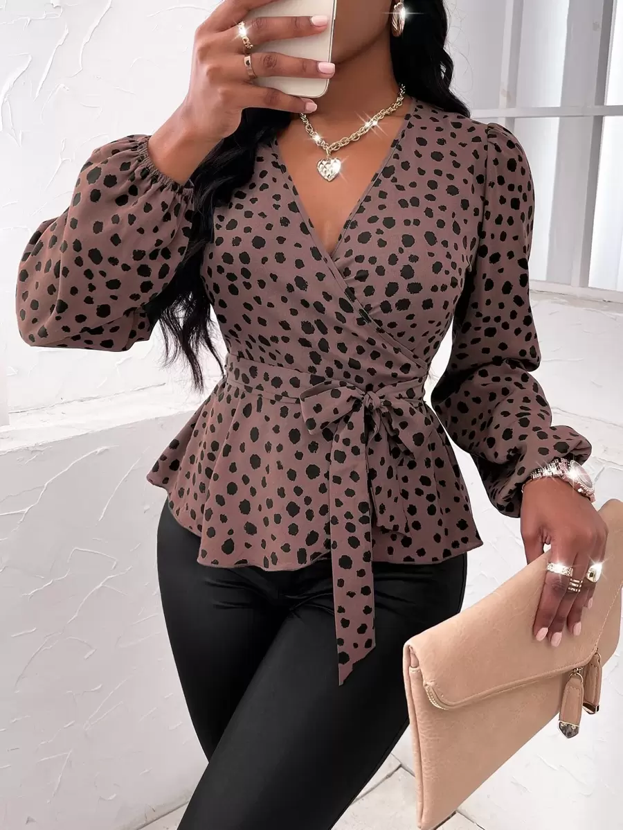 Zolique Random Dalmatian Print Lantern Sleeve Belted Blouse Brown Blouse - Dusty Pink - View 1