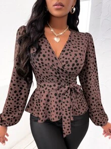 Zolique Random Dalmatian Print Lantern Sleeve Belted Blouse Brown Blouse - Dusty Pink - View 6