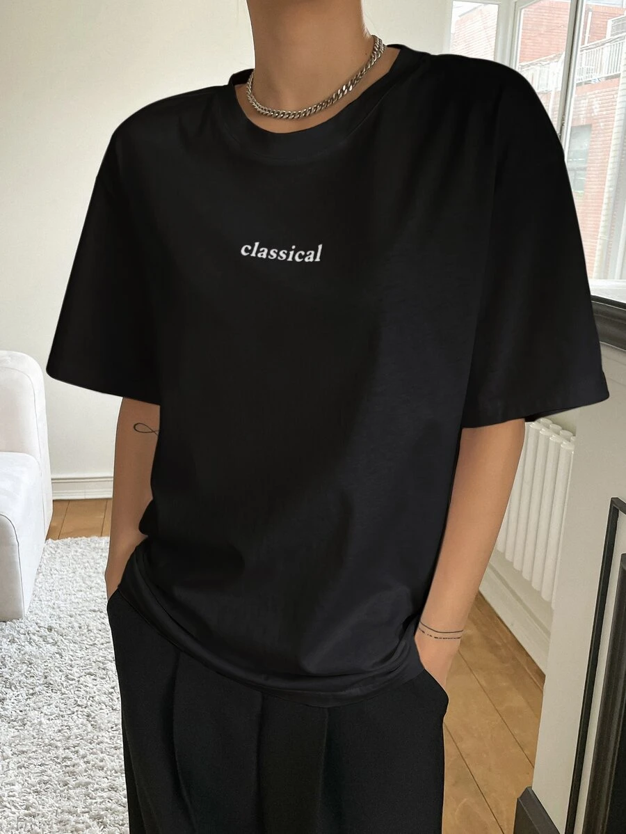 DAZY 字母图案圆领 T 恤 夏季 - 黑色 - 查看 1