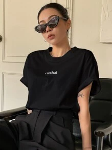 DAZY 字母图案圆领 T 恤 夏季 - 黑色 - 查看 2