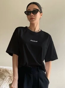 DAZY 字母图案圆领 T 恤 夏季 - 黑色 - 查看 4