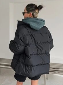 DAZY Áo khoác nữ trơn cổ khóa kéo thường ngày mùa đông - màu đen - Xem 2