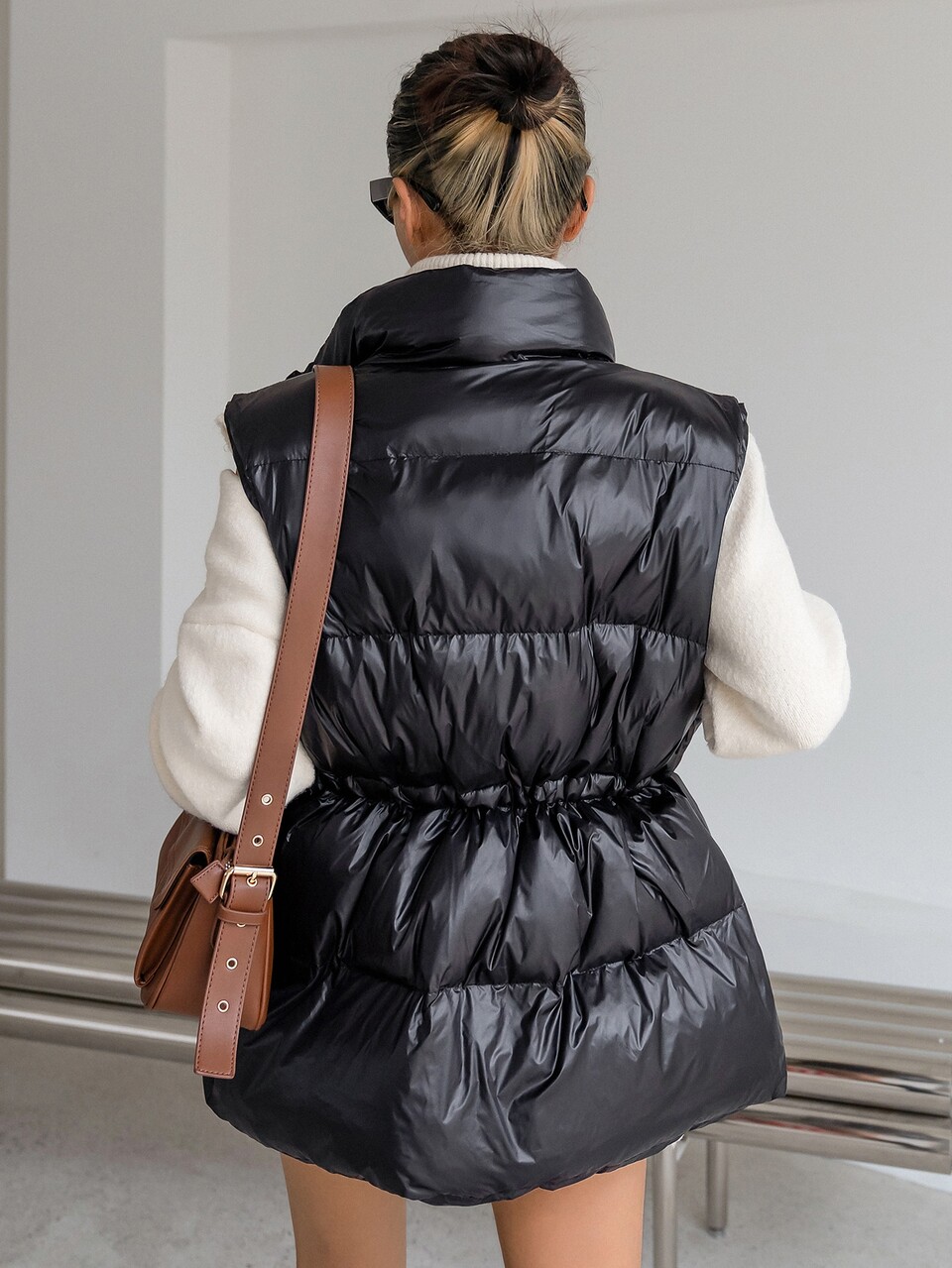Drawstring Waist Slant Pockets Vest Padded Coat ,Winter Women Clothes,Winter Coat Women