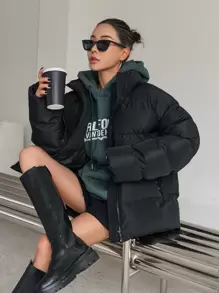 DAZY Áo khoác nữ trơn cổ khóa kéo thường ngày mùa đông - màu đen - Xem 5