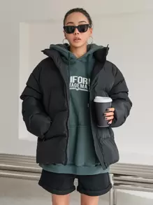 DAZY Áo khoác nữ trơn cổ khóa kéo thường ngày mùa đông - màu đen - Xem 6