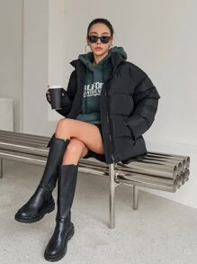 DAZY Áo khoác nữ trơn cổ khóa kéo thường ngày mùa đông - màu đen - Xem 8