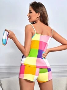 Plaid Cami Pyjama Set With Eye Mask - Multicolor - View 2