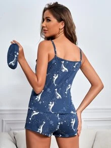 Cartoon Dolphin Cami PJ Set / Pajama Set & Eye Cover - Navy Blue - View 2