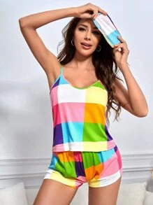 Plaid Cami Pyjama Set With Eye Mask - Multicolor - View 4