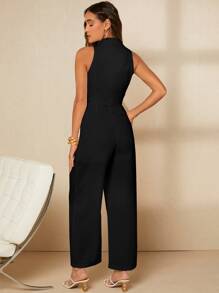 SHEIN Privé Lapel Collar Double Breasted Jumpsuit - Black - View 2