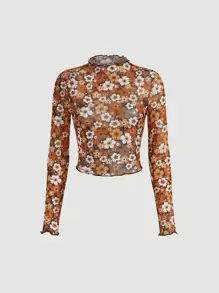 SHEIN MOD Floral Print Lettuce Trim Mesh Crop Tee - Multicolor - View 1