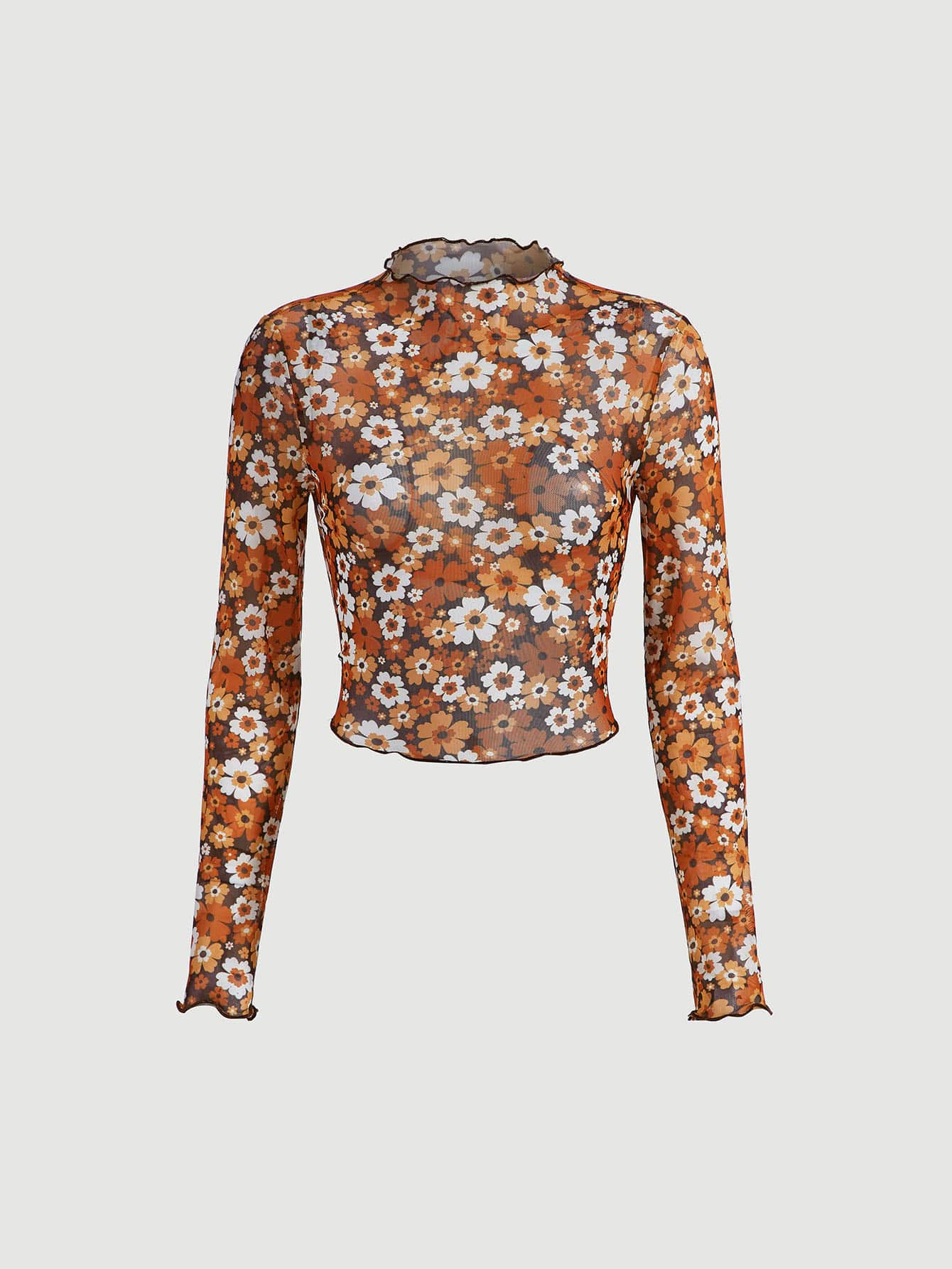 SHEIN MOD Floral Print Lettuce Trim Mesh Crop Tee - Multicolor - View 1