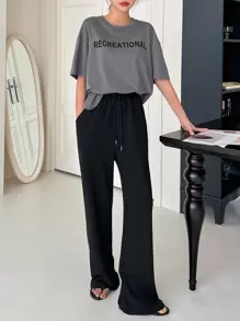 DAZY Letter Graphic Drop Shoulder Drawstring Waist PJ Set - Multicolor - View 1