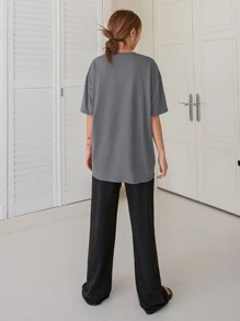 DAZY Letter Graphic Drop Shoulder Drawstring Waist PJ Set - Multicolor - View 2