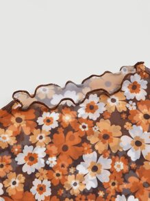 SHEIN MOD Floral Print Lettuce Trim Mesh Crop Tee - Multicolor - View 4